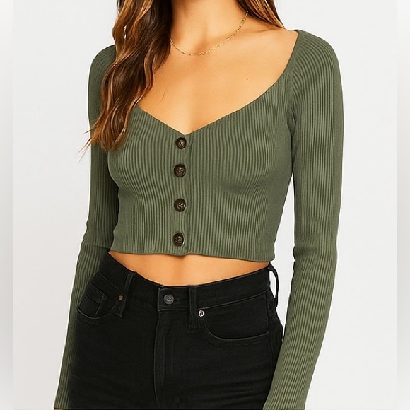 Cider Tops - Olive Green Ribbed Button-Up Crop Top